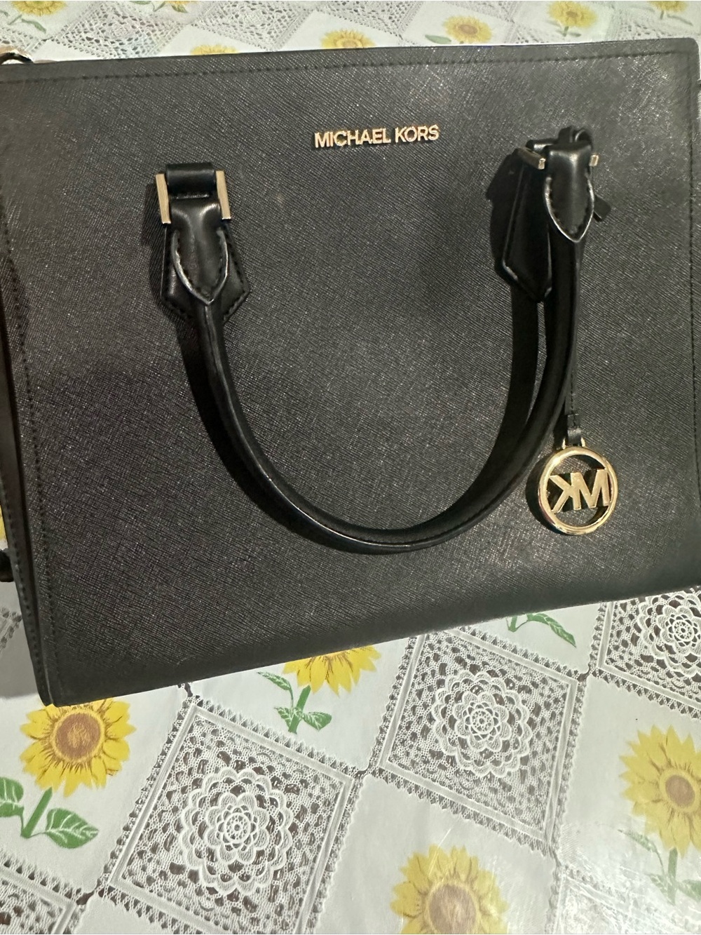 Michael Kors Black Saffiano Leather Satchel with Gold MK Charm